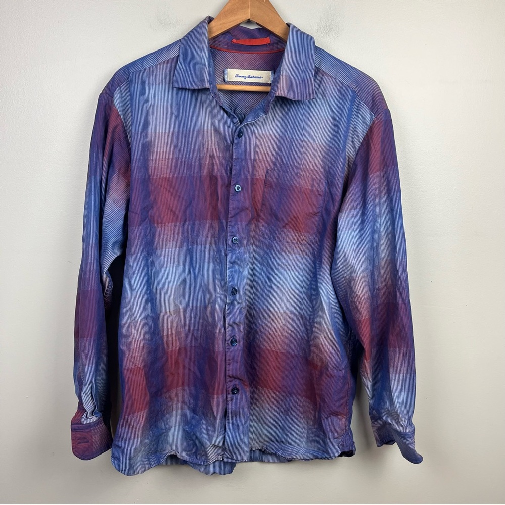 Tommy Bahama Shirt Men’s XL Button Up Red/blue  Ombre Cotton Silk Long Sleeve